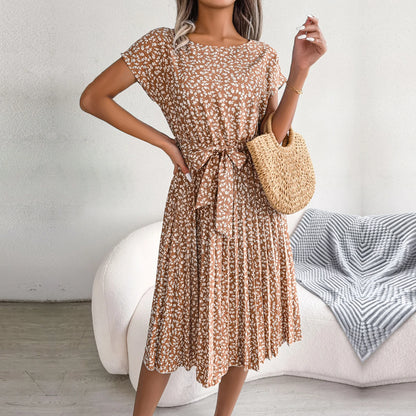 Spring Summer Women's Short Sleeve High Waist Floral Dress: Chic A-line Pleated Long Dress - Fashion Statement