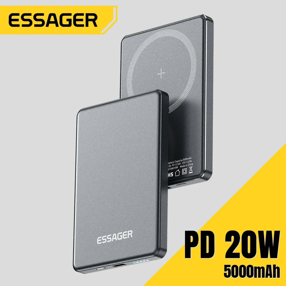 Essager Thin Wireless Power Bank – Magnetic 20W, 5000mAh, Portable Fast Charging External Battery for MagSafe, iPhone 15/14/13/12