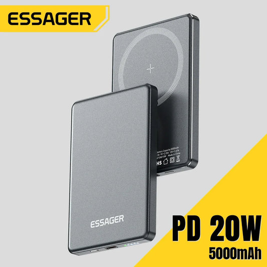 Essager Thin Wireless Power Bank – Magnetic 20W, 5000mAh, Portable Fast Charging External Battery for MagSafe, iPhone 15/14/13/12