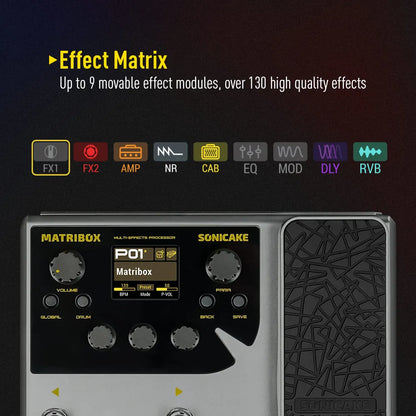 Sonicake Matribox 140 – Multi-Effects Processor for Guitar/Bass/Acoustic with Expression Pedal, Looper, and Modeling AMP QME-50