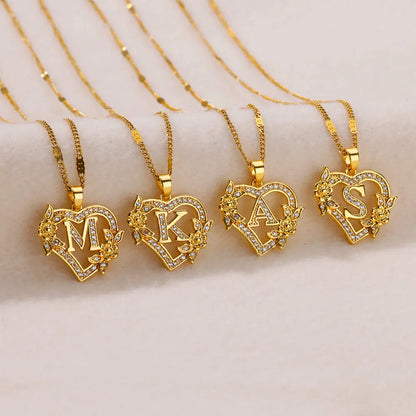 Zircon Flower Initial Necklace for Women - Stainless Steel Heart Letter Chain, Gold Color, 2024 Trend Wedding Jewelry