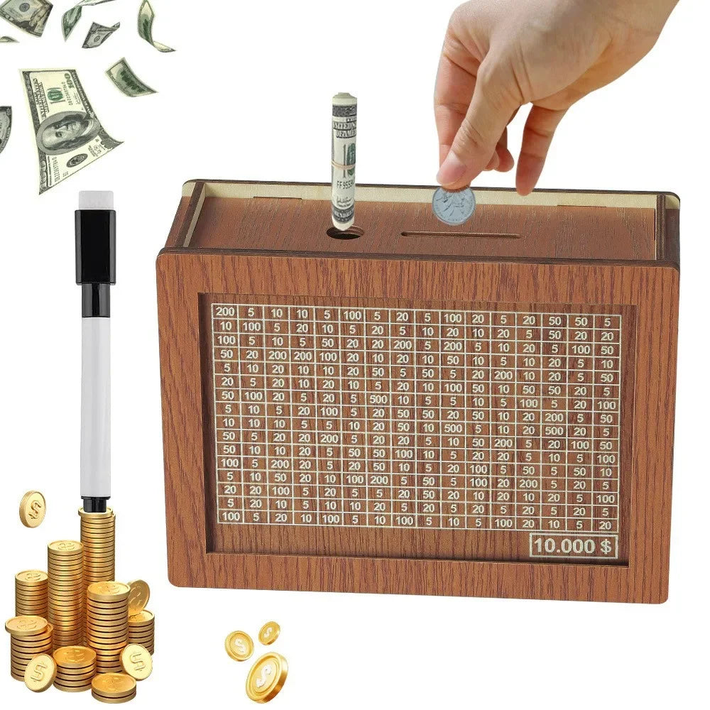 Wooden Piggy Banks - Reusable Dollar Cash Boxes with Savings Goals | Home Decoration Accessory