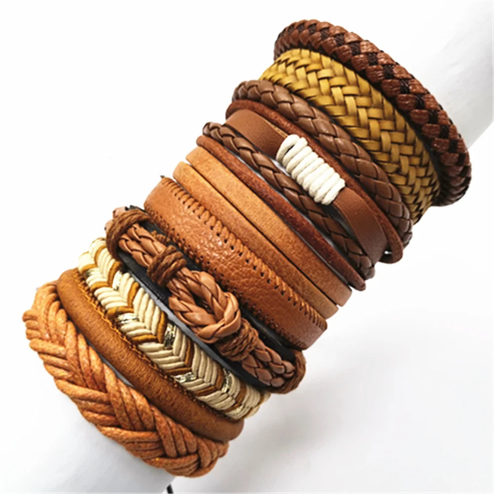 10 Piece Black Woven Wrap Bracelet Set | Handmade Fashion Leather Bangle Jewelry Gift for Men and Women