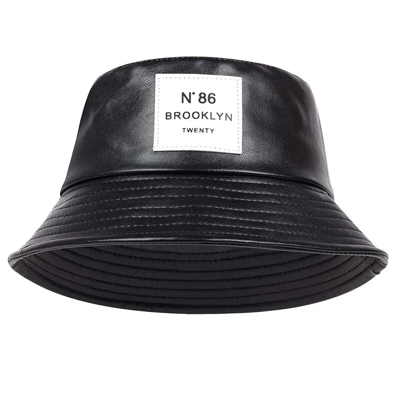 Unisex N86 Label PU Leather Bucket Hat - Personality Fisherman Cap with Sunscreen, Casual Outdoor Wear