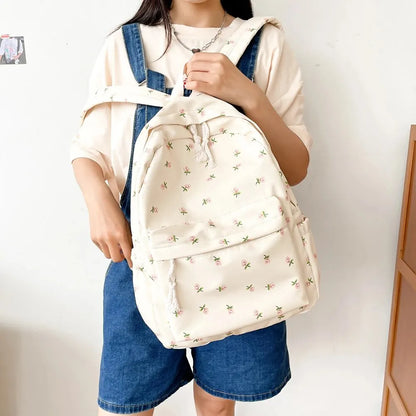 Korean Floral School Backpack – Cute White Rucksack for Teenage Girls, Women's Book Bag in Nylon