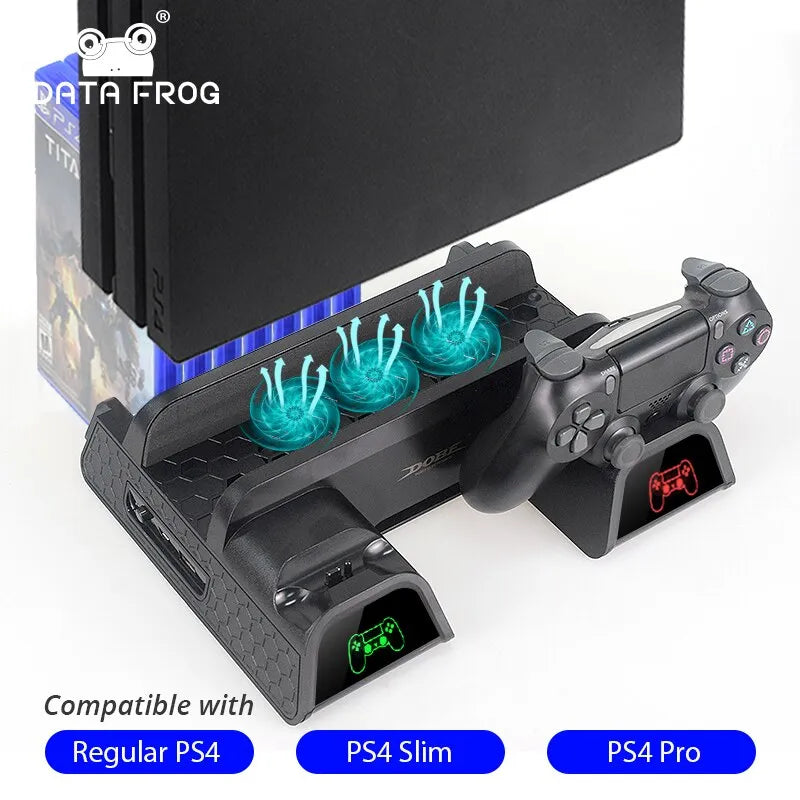 DATA FROG Vertical Cooling Fan Stand for PS4/PS4 Slim/PS4 Pro Console | Dual Controller LED Charger Station for Sony PlayStation 4