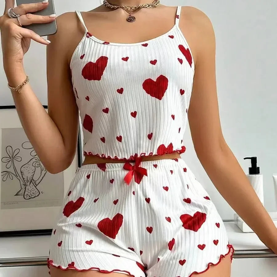 Summer Women's Heart Print Pajama Set - Relaxed Fit Round Neck Backless Crop Cami Top and Shorts Loungewear