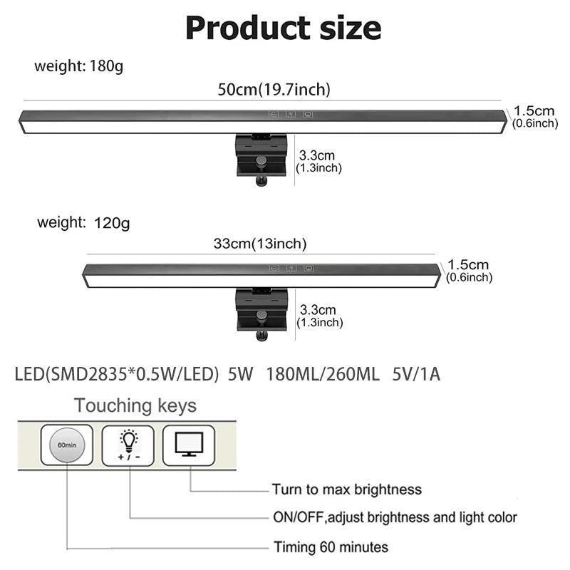 50cm LED Eye-Care Desk Lamp | Stepless Dimming | USB Powered | Computer Monitor Screen Light Bar for Reading