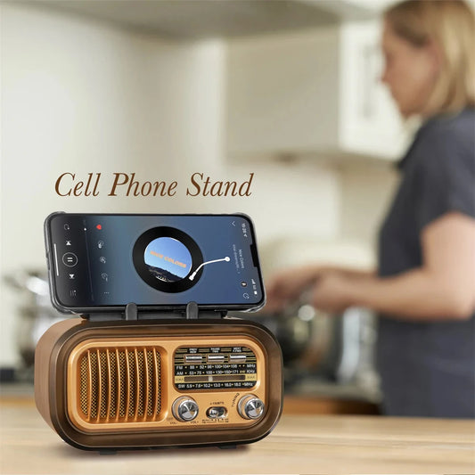 Solar-Powered AM/FM Radio with Bluetooth - Portable Vintage Stereo Speaker, USB Rechargeable with Large Tuning Knob