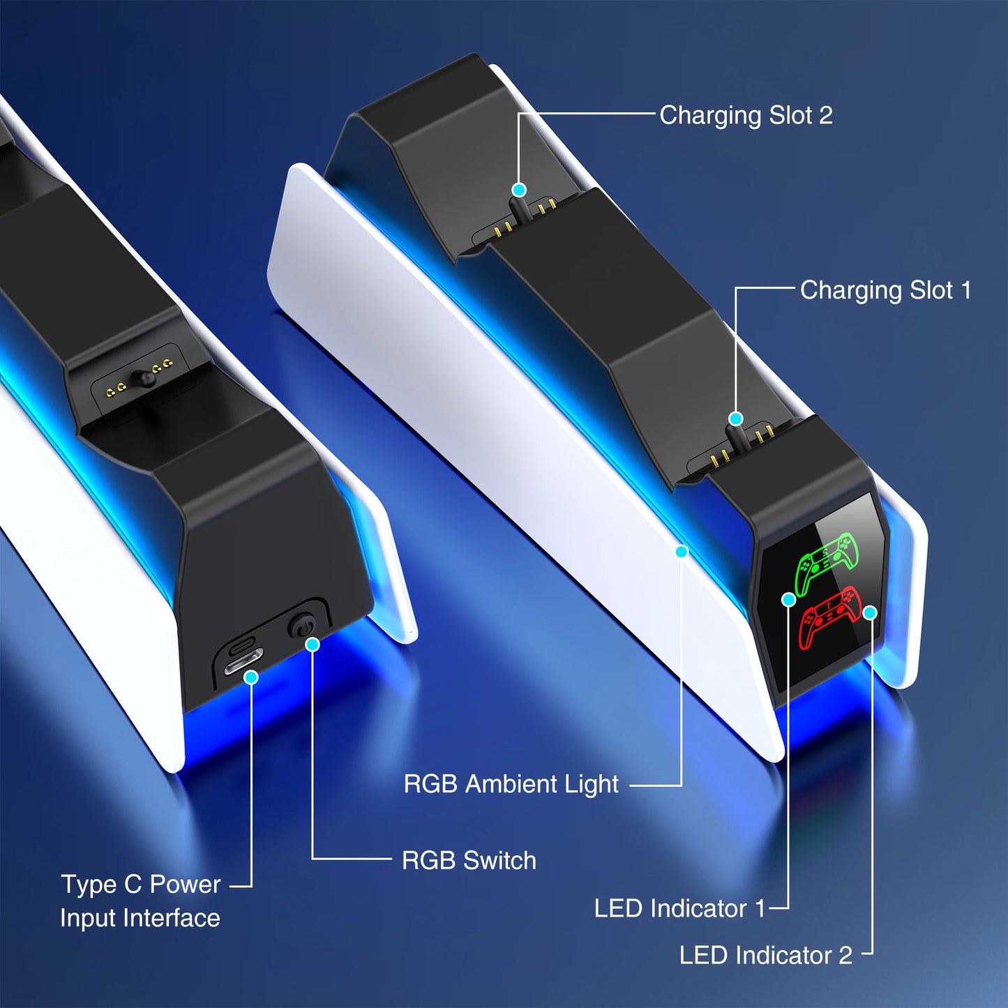 PS5 Dual Fast Charger & RGB Controller Charging Stand | LED Indicator Docking Station for PlayStation 5 Gamepad