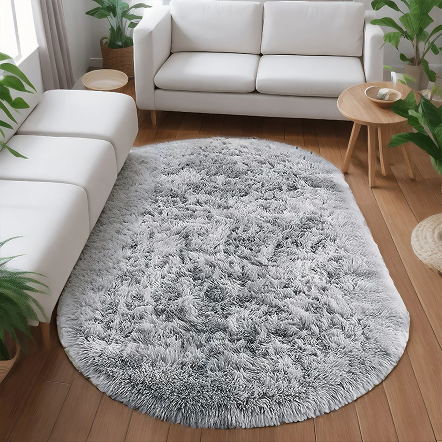 Luxury Grey Oval Shaggy Rug - Soft, Thick Plush Carpet for Living Room, Bedroom, and Nursery - Ideal Sofa Area and Bedside Mat for Kids Room