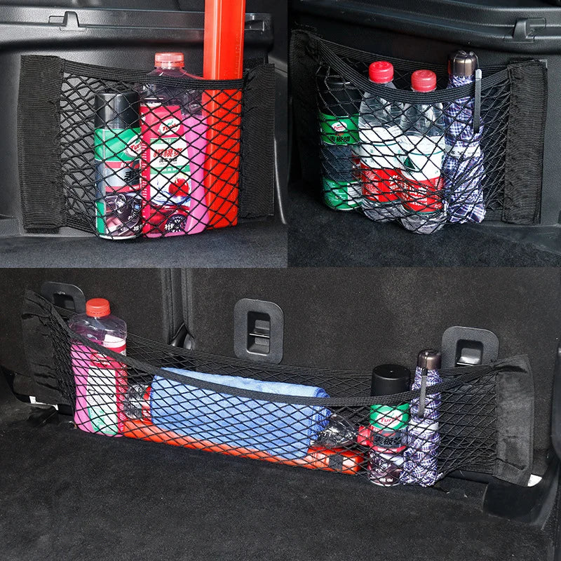 Car Back Rear Mesh Trunk Seat Elastic String Net: Universal Storage Bag Pocket Cage - Auto Organizer Seat Back Bag with Magic Sticker