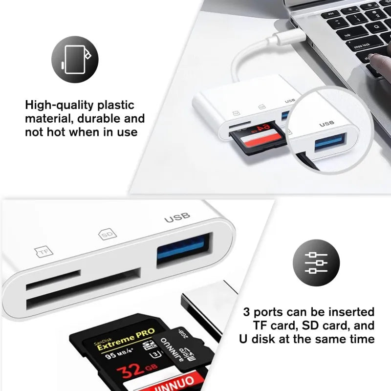 3-in-1 SD/TF Card Reader - For Apple iPhone 14/13/12/11 Pro Max, XR, XS, USB-C Camera Converter, iPad, Android, Laptop OTG Adapter