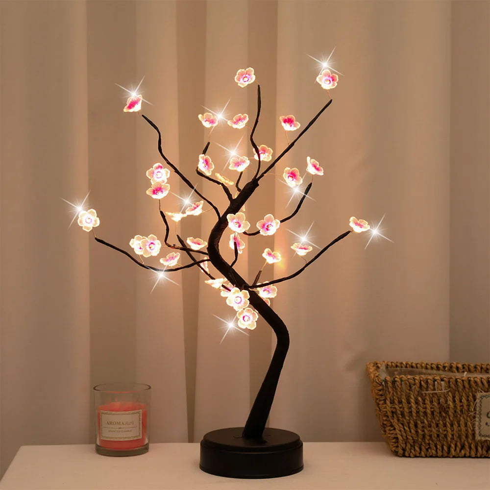 Table Tree Night Light – USB/Battery Powered Touch Switch Artificial Bonsai Cherry Blossom LED Lamp for Desktop Decoration