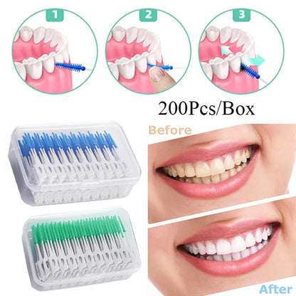 200 Units Interdental Silicone Brushes: Dental Toothpicks with Thread for Effective Oral Cleaning