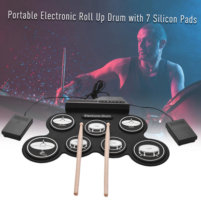 Compact Electronic Drum Set - USB Roll-Up Silicon Drums Pad, Digital Foldable Electric Kit for Hand Practice with Pedal