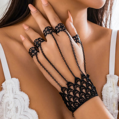 Vintage Black Lace Finger Wrist Chain Rings Bracelet: Creative Metal Hand Harness Bangles for Women - Unique Halloween Jewelry