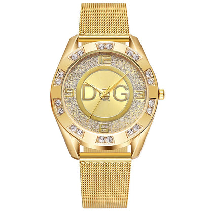 Luxury DQG Crystal Quartz Women's Watch - Gold and Silver Stainless Steel Dress Watch . Zegarek Damski