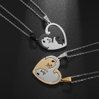 Stainless Steel Hugging Cat Couple Pendant Necklace – Cute Fashion Gift for Women and Girls