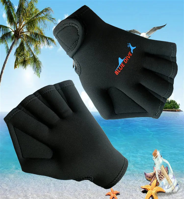 1 Pair Adjustable Neoprene Webbed Swimming Gloves - Aquatic Fit Swim Paddles for Snorkeling & Diving, Half Finger Water Gloves