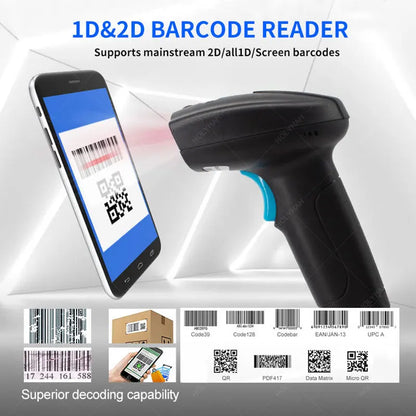 Portable U2 Wired 2D Barcode Scanner Reader - U2W Wireless Handheld Bluetooth QR Code Scanner - 1D Barcode Reader for PDF417