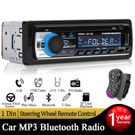 1 Din Car Radio Stereo Multimedia Player: Digital Bluetooth FM MP3 USB Input - Universal Autoradio with ISO Power Aux