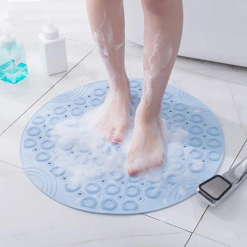 Anti-Slip Round PVC Bath Mat: Soft Shower Mat with Drain Hole and Foot Massage Pad for Bathtub