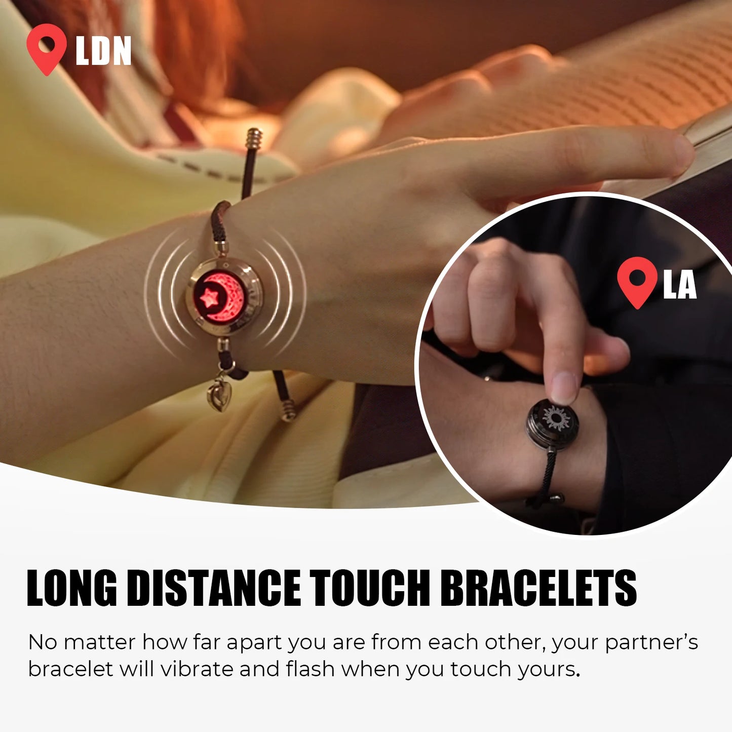 totwoo Long Distance Touch Bracelets for Couples – Light Up and Vibrate Features, Smart Sun and Moon Love Bracelets – Perfect Long Distance Relationship Gifts