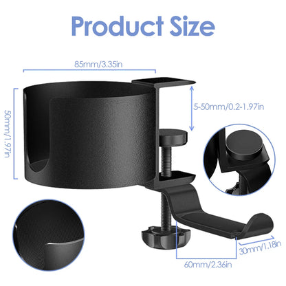 2-in-1 Desk Cup Holder with Headphone Hanger - 360° Rotation, Adjustable Arm Clamp, Headset Hook, and Bottle Holder