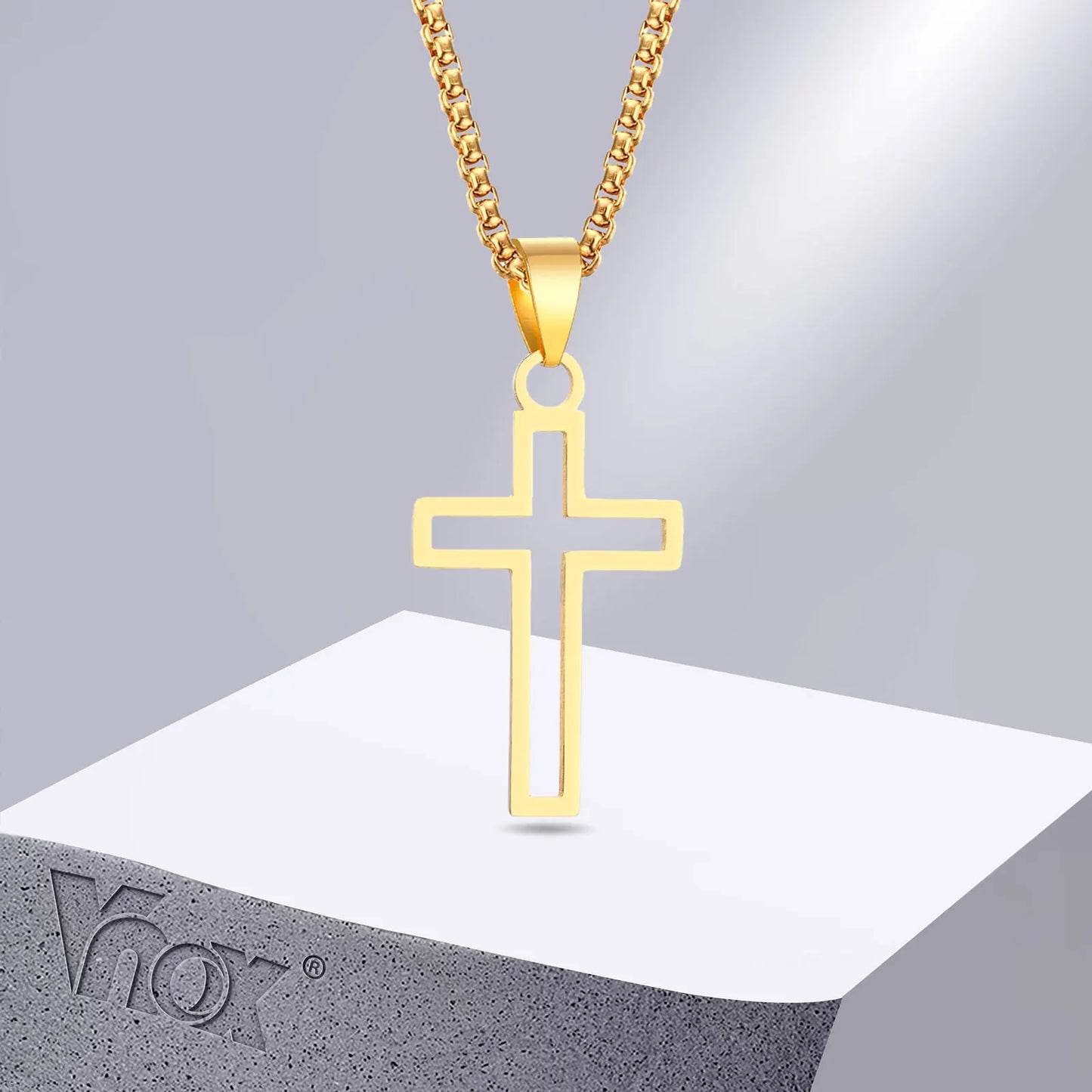 Vnox Stainless Steel Cutout Cross Necklace - Hollow Cross Pendant with 24'' Box Chain for Men & Women, Religious Faith Jewelry