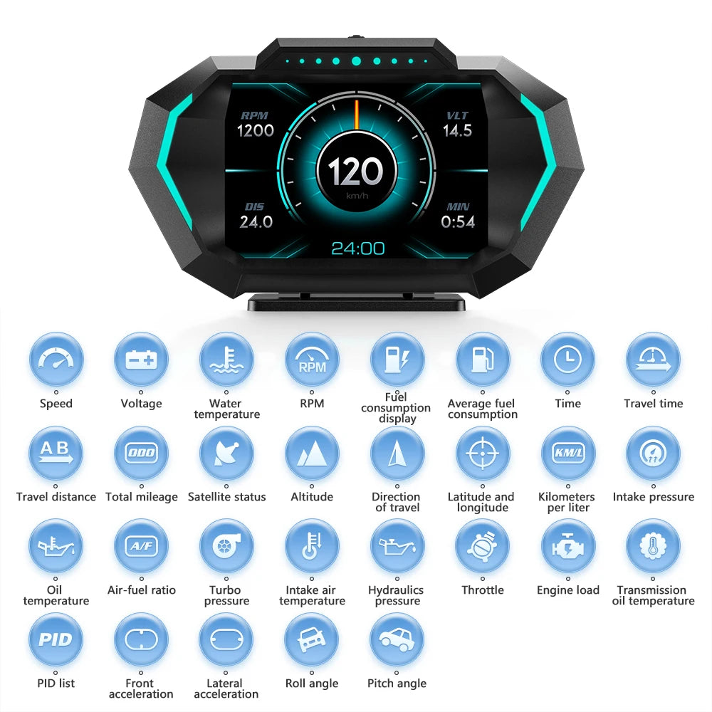 OBD + GPS HUD P24 Car Head Up Display - Digital Speedometer, Water Temp, Fuel Consumption, Slope Meter