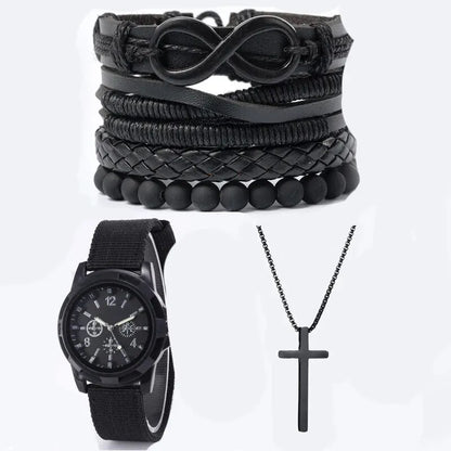 6PCS Men's Fashion Set - '8' Shaped Pu Leather Beaded Bracelet, Mechanical Watch and Cross Pendant Necklace in Black