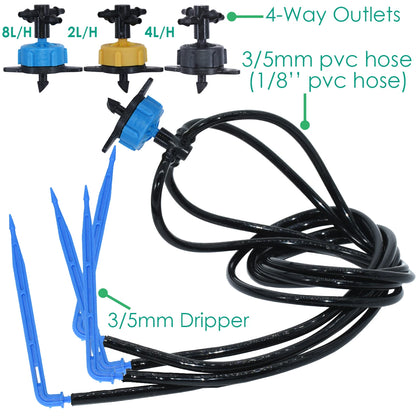 4-Way Garden Automatic Watering System - Drip Irrigation with 3/5mm 2-Way Drip Arrow Transmitter - for Potted Plants, Greenhouses - 10/20 Set