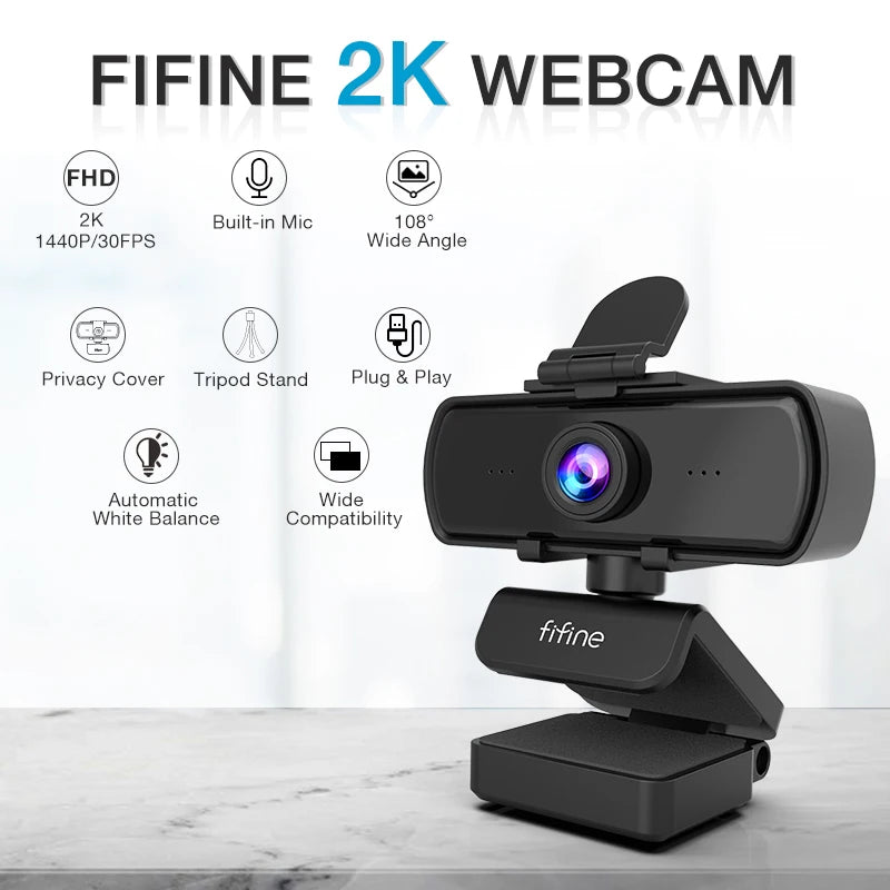 FIFINE 1440p Full HD PC Webcam with Microphone - Tripod Included, USB for Desktop and Laptop, Live Streaming and Video Calling - K420