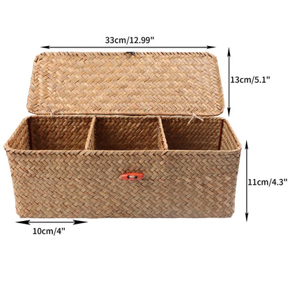 Hand Woven Storage Baskets with Lid - Rectangular Dust-Proof Clothing Storage Box, 3-Grid Wardrobe Container for Sundries Organizer