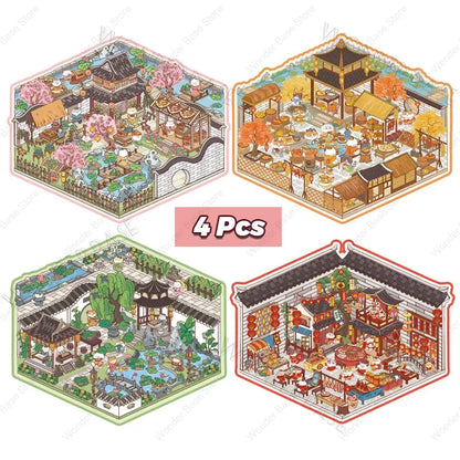 DIY 3D Cartoon Cat Sticker Set - Four Seasons Landscape, Pocket Cabin Scenes | Creative Stacking & Pasting Gift for Kids