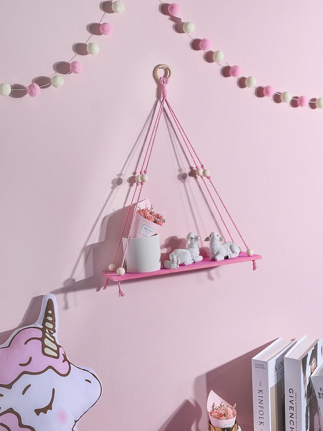 Pink Wooden Floating Shelf – Nordic Hanging Decoration Display Stand for Girls' Kids Room Aesthetic Wall Decor