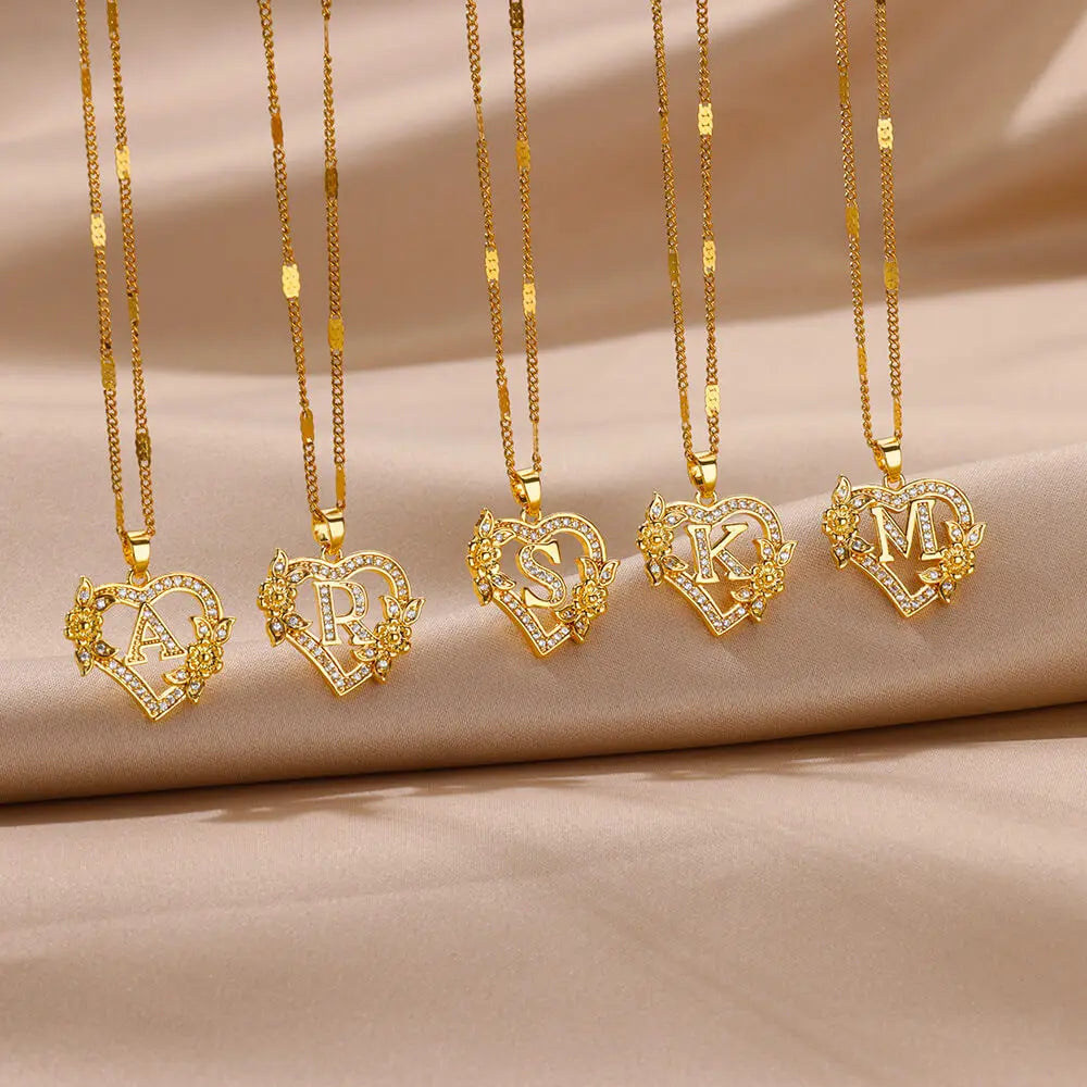 Zircon Flower Initial Necklace for Women - Stainless Steel Heart Letter Chain, Gold Color, 2024 Trend Wedding Jewelry