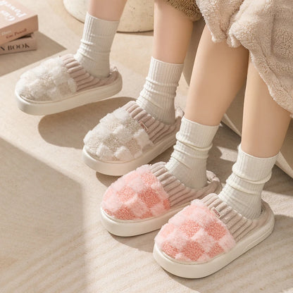 Winter Warmth: Fashion Couple Plaid Cotton Slippers - Thick Soft Sole Slides for Men and Women, Non-Slip Indoor Floor Shoes