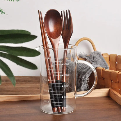 3-Piece Natural Wood Dinnerware Set - Spoon, Chopsticks, Fork - Portable Tableware for Household Kitchen