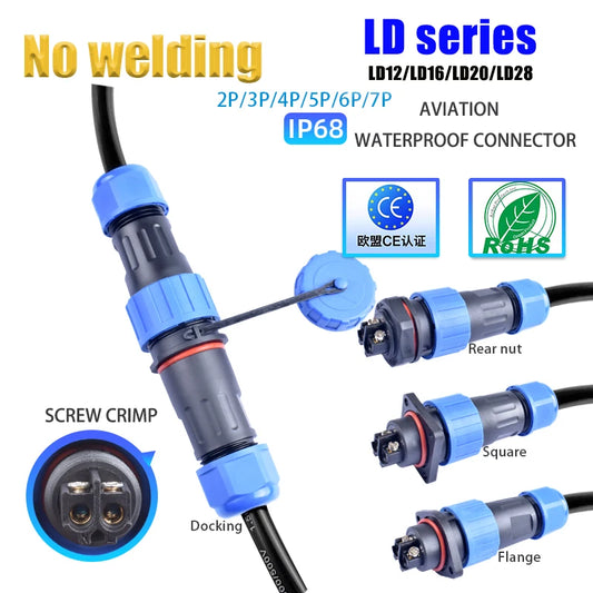 LD Series IP68 Waterproof Connector - Male Plug & Female Socket - Panel Mount Aviation Plug for Wire Cable - Available in Various Pin Configurations