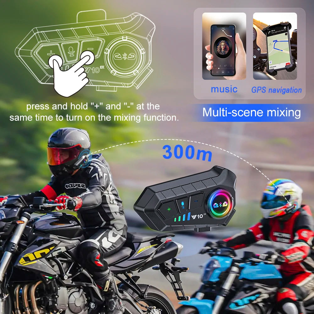 Bluetooth 5.3 Motorcycle Helmet Intercom: Waterproof Intercom Headset with Music Playback - Available in 1 or 2 Pack, 300m Range