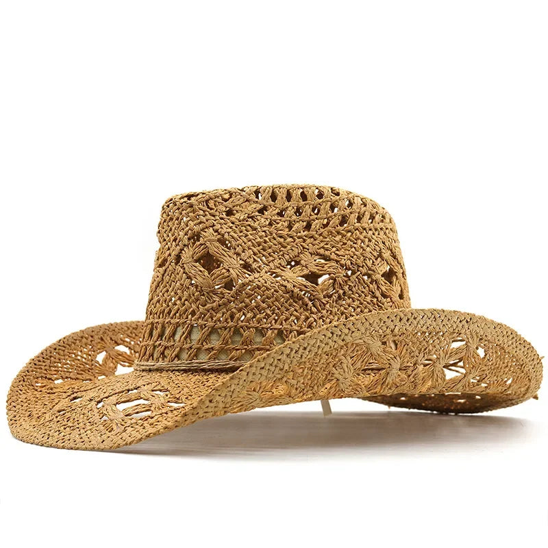 Classic Vintage Straw Western Cowboy Hat - Unisex Hollow Out Design with Wide Brim, Sun Protection Fishing and Climbing Cap