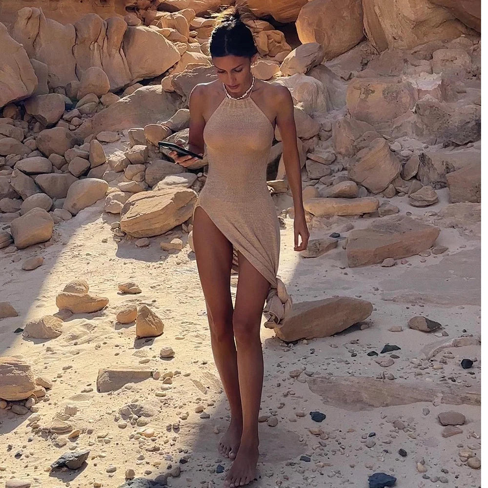 2024 Knitted Beach Cover-Up - Sexy See-Through Maxi Slit Bodycon Summer Dress, Elegant Halter Beachdress Bikini Cover-Up