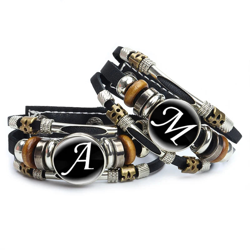 Artistic Letter A-Z Leather Bracelet - Adjustable Initial Cabochon Glass Snap Bracelet for Men & Women - Trendy Gift Accessory