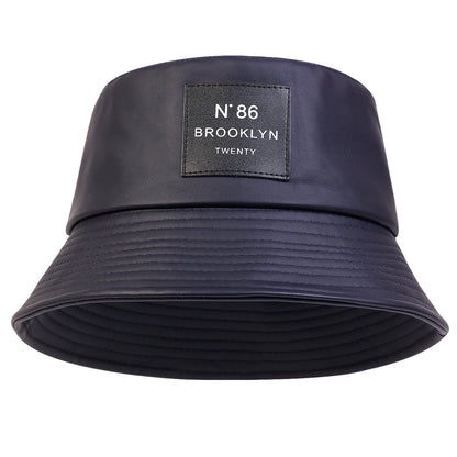 Unisex N86 Label PU Leather Bucket Hat - Personality Fisherman Cap with Sunscreen, Casual Outdoor Wear