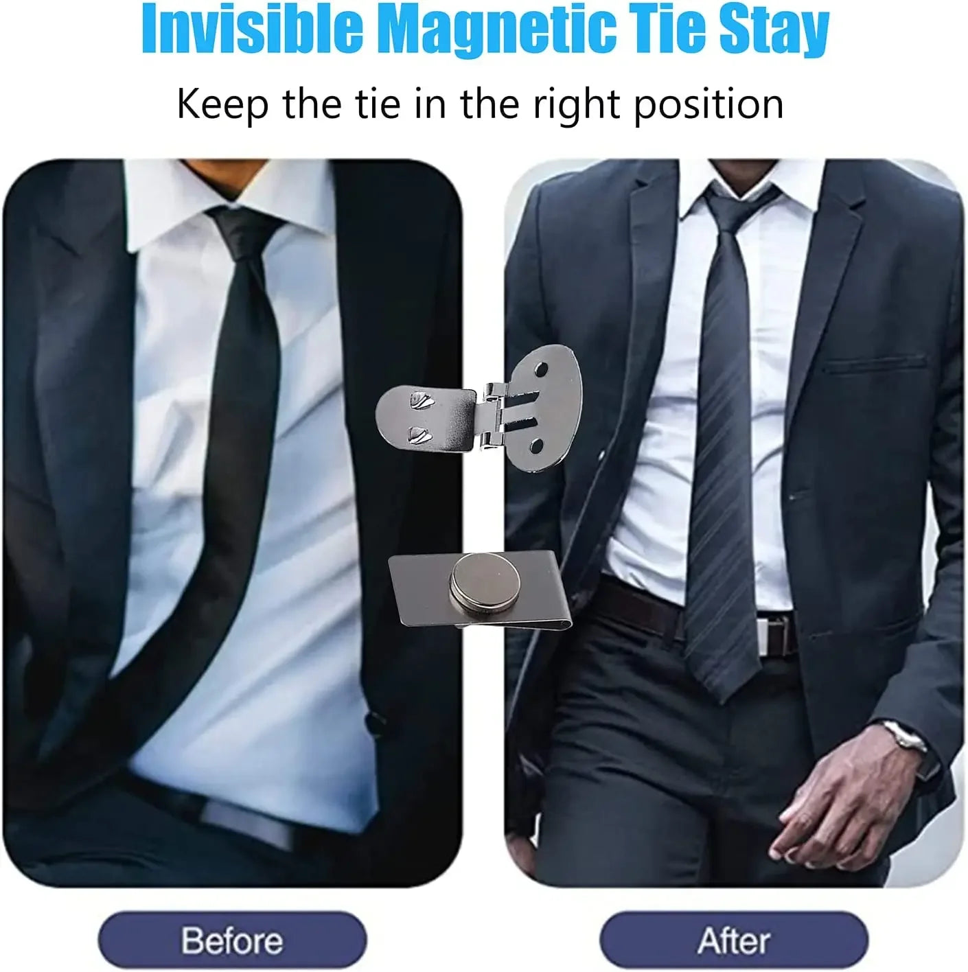 Magnetic Invisible Tie Clip - Automatic Fixing Buckle for Anti-Wrinkle, Anti-Swing Tie Holder Clips, Men's Necktie Collar Hidden Clasp