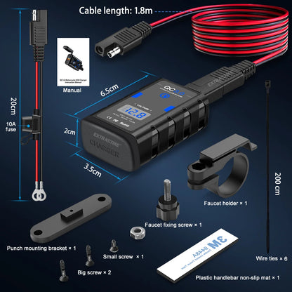 Extractme 6.8A QC3.0 Waterproof Motorcycle USB Charger: 12V Power Supply Adapter with Voltmeter Socket - Moto Phone Charging Solution