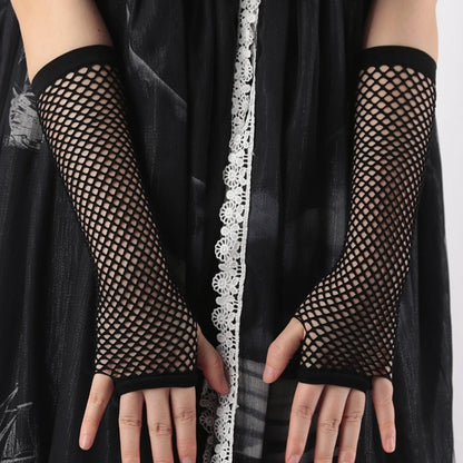 Black Fishnet Fingerless Gothic Gloves: Long Leg Arm Cuff for Party Wear - Fancy Women's Glove Cosplay, Darkly Ninja-Inspired Mitten