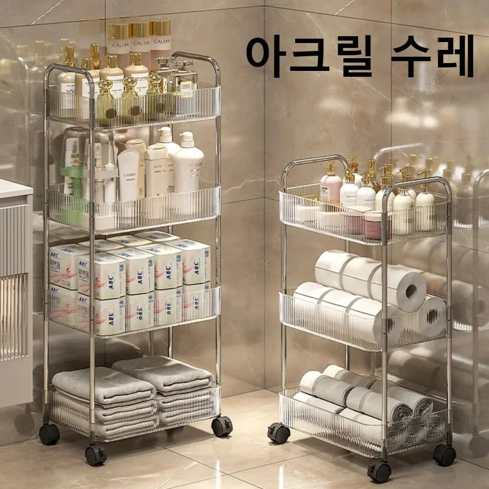 Acrylic Rolling Cart with Hanging Basket - Multi-Layer Transparent Bathroom, Makeup, and Snack Organizer, Movable Storage Rack